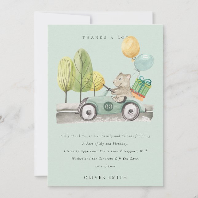 Carte De Remerciements Joli Teddy Car Aqua Vert Anniversaire Tout Âge (Devant)
