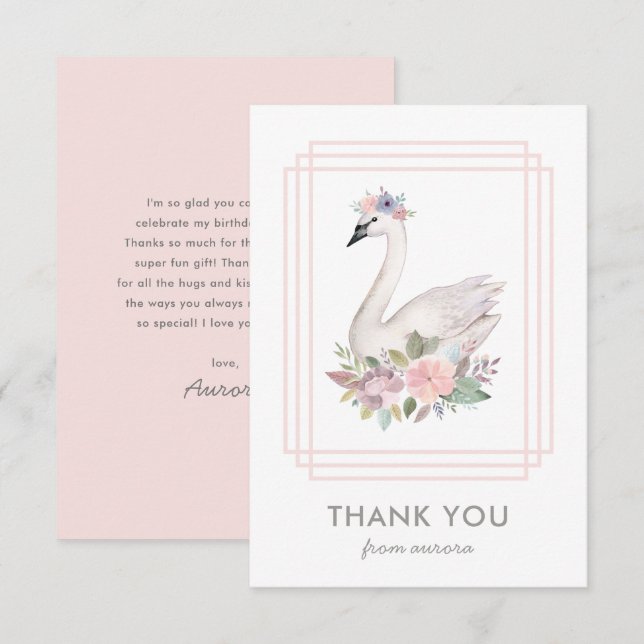 Carte De Remerciements Jolie aquarelle Floral Swan Princess Anniversaire (Devant / Derrière)