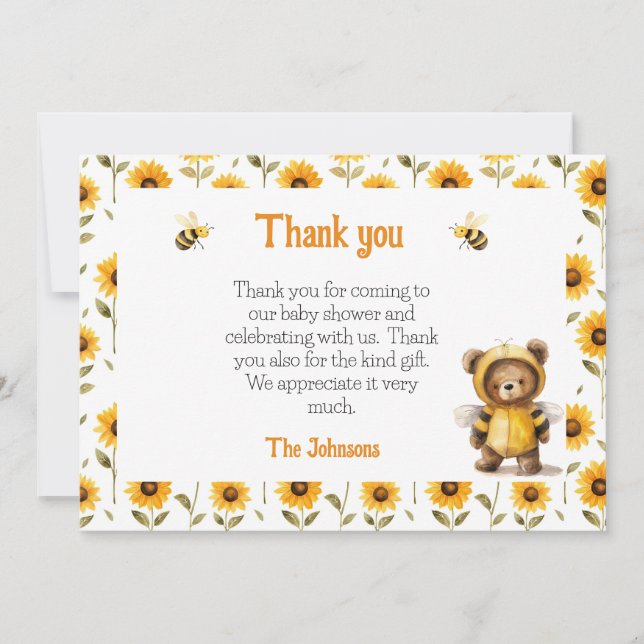 Carte De Remerciements Jolie Bee Bear Ba-Bee Douche au miel (Devant)