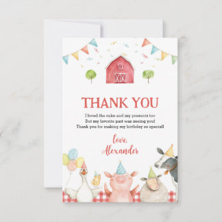 Carte De Remerciements Jolie fête d'anniversaire avec des animaux de ferm