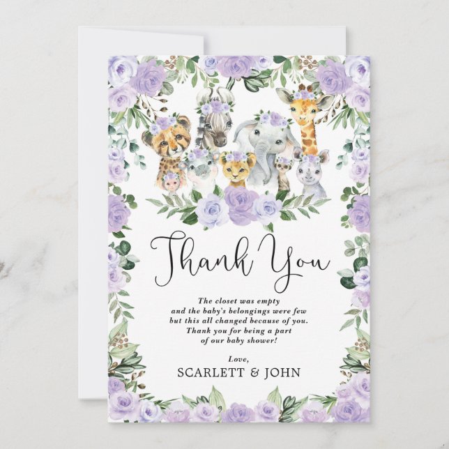 Carte De Remerciements Jolie Jungle Animaux sauvages Purple Floral Baby G (Devant)