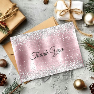 Carte De Remerciements Jolie rose blush argent faux paillettes