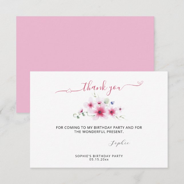 Carte De Remerciements Jolie Rose chaud mai Fleurs Aquarelle fille Annive (Devant / Derrière)