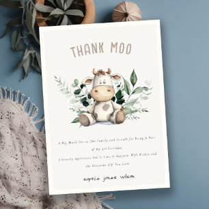 Carte De Remerciements Jolie Vache Foliage Pastel Anniversaire de enfant