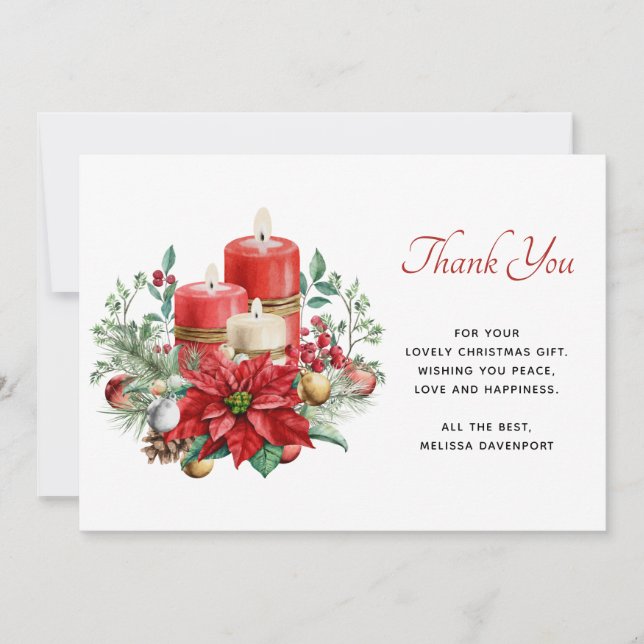 Carte De Remerciements Jolies bougies et bouquet Poinsettia Noël (Devant)