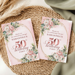 Carte De Remerciements Jolies Fleurs de Rouge à Joues Or Rose 50e Anniver