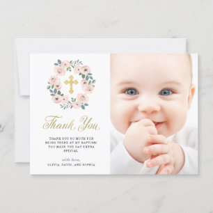 Carte De Remerciements Jolies fleurs roses et Croix d'or  Photo du baptêm
