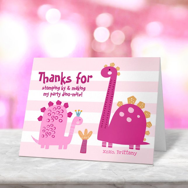 Carte De Remerciements Jolis Dinosaures Roses Mignons Anniversaire Fille  (Créateur téléchargé)