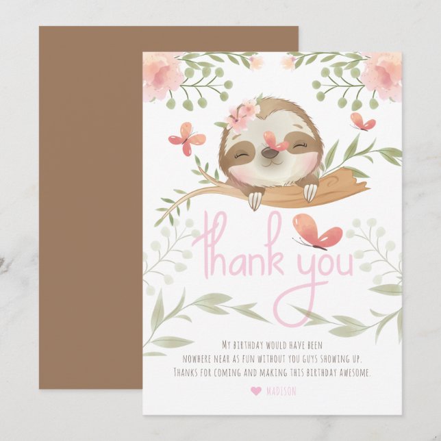 Carte De Remerciements Jote Sloth Girl Anniversaire (Devant / Derrière)