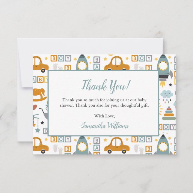 Carte De Remerciements Jouet de voiture mignonne Motif garçon Baby shower (Devant)