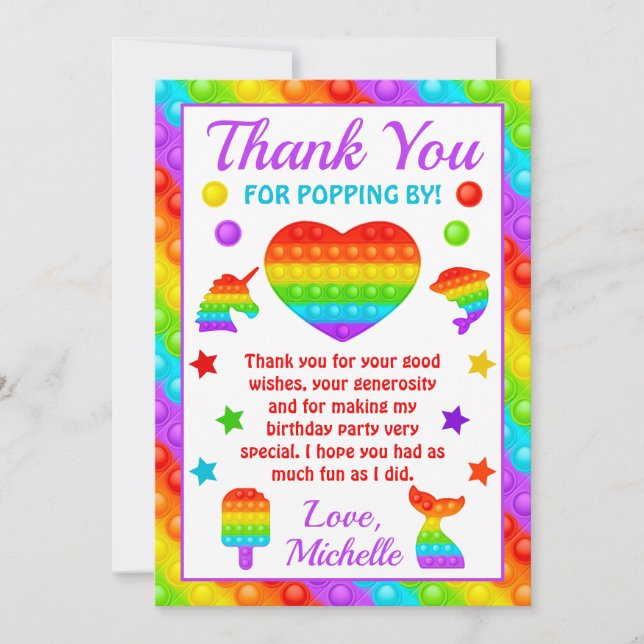 Carte De Remerciements Jouet Fidget Pop Arc-en-ciel pour Anniversaire (Devant)