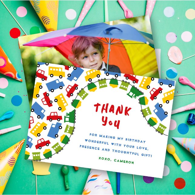 Carte De Remerciements Jouets pour garçons Amusement Transport Voiture Tr (Boys Toys Colorful Transport Car Train Bus Truck Kid's Birthday Party Photo Thank You Card)