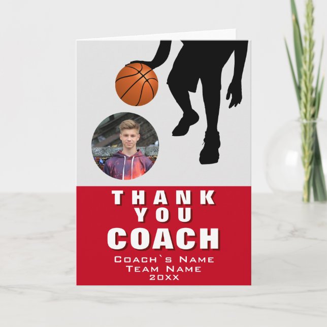 Carte De Remerciements Joueur de basket Silhouette Photo Coach Rouge (Devant)