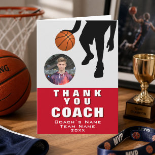 Carte De Remerciements Joueur de basket Silhouette Photo Coach Rouge