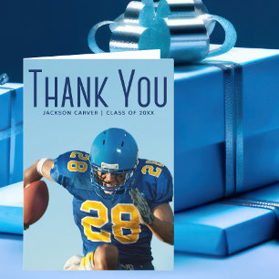 Carte De Remerciements Joueur de Football avec photo bleue Script superpo