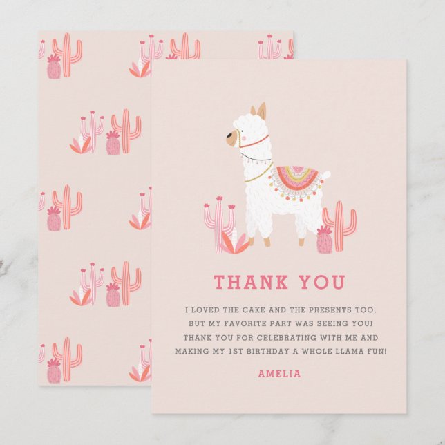 Carte De Remerciements Jour d'anniversaire de la Llama tout mignon (Devant / Derrière)
