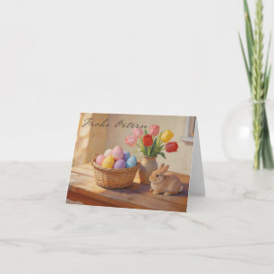 Carte De Remerciements Joyeuses Pâques avec des œufs colorés et des tulip