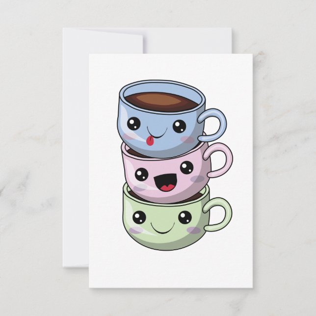 Carte De Remerciements Joyeuses tasses à café Kawaii pour l'anniversaire (Devant)