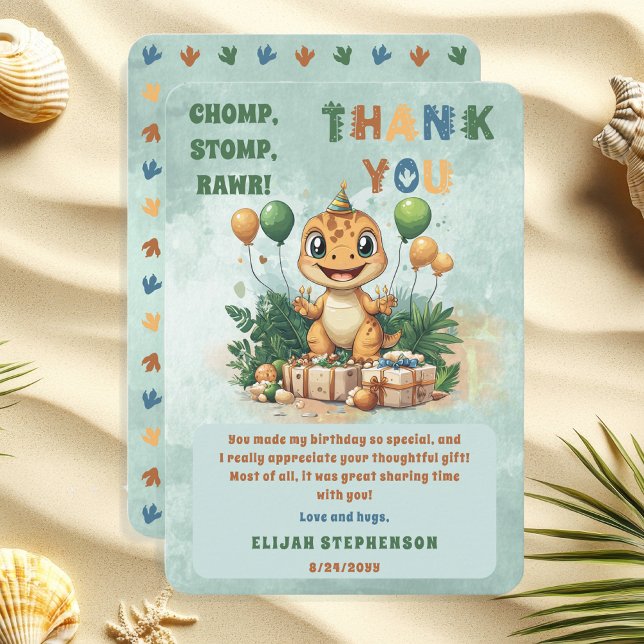 Carte De Remerciements Joyeux 1er anniversaire au petit garçon dinosaure  ("Chomp, Stomp, Rawr!" "Cute Little Dinosaur Birthday Party Thank You Flat Card)