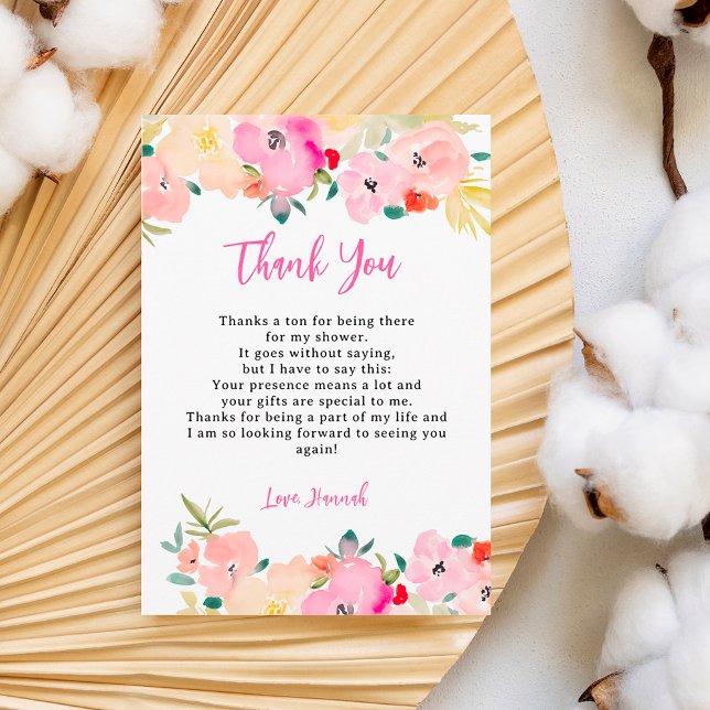 Carte De Remerciements Joyeux baby shower bohème chic floral de printemps (Spring pink boho chic garden floral bridal shower thank you card)