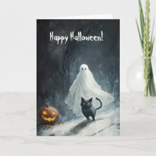 Carte De Remerciements Joyeux Halloween avec Fantôme et chat