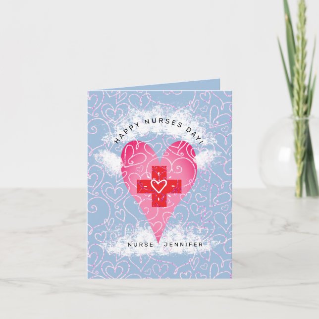 Carte De Remerciements Joyeux jour des infirmières Bleu Coeur rose Person (Devant)
