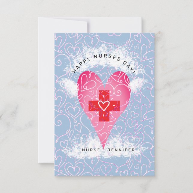 Carte De Remerciements Joyeux jour des infirmières Bleu Coeur rose Person (Devant)