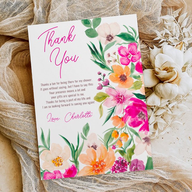 Carte De Remerciements Joyeux mariage avec des fleurs sauvages audacieuse (Bright bold wild flowers script bridal shower thank you card on white)