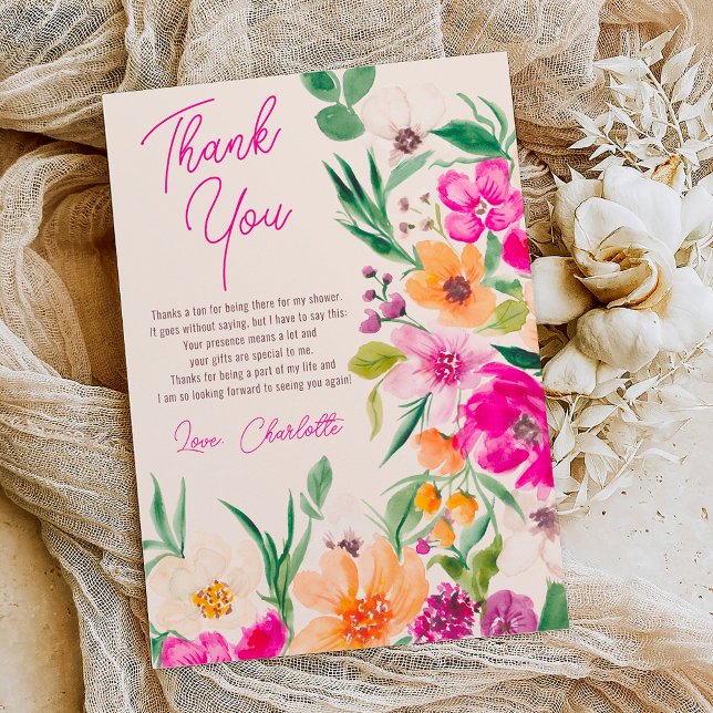 Carte De Remerciements Joyeux mariage avec des fleurs sauvages audacieuse (Bright bold wild flowers script bridal shower thank you card on ivory beige)