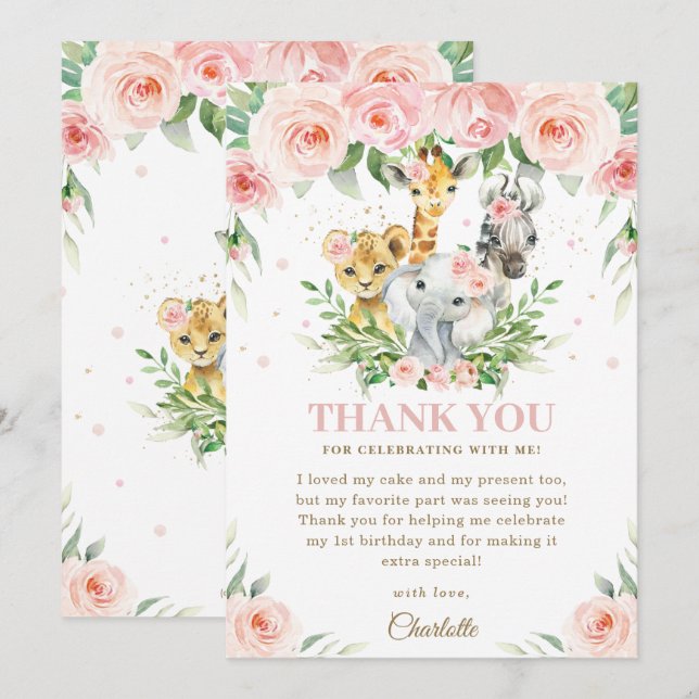 Carte De Remerciements Jungle Animal Safari rose Blush Floral Anniversair (Devant / Derrière)