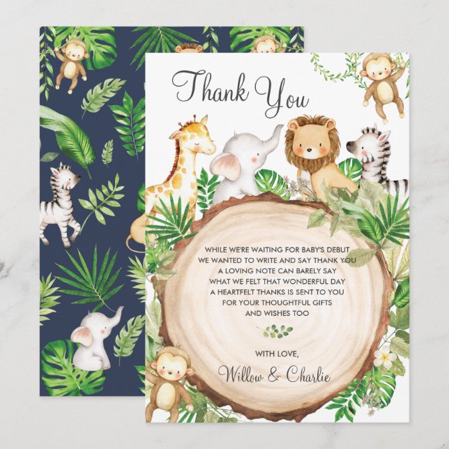 Carte De Remerciements Jungle Animaux Baby shower Verdure Safari Garçon (Devant / Derrière)