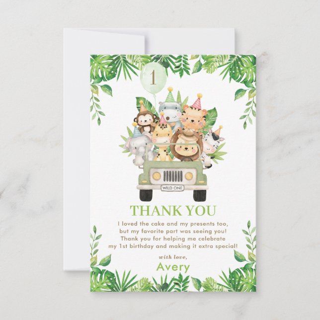 Carte De Remerciements Jungle Animaux Safari Voiture Verdure 1er annivers (Devant)