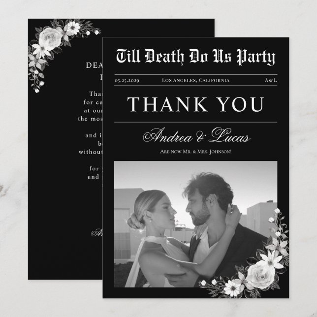 Carte De Remerciements Jusqu'à la mort Fêtons-nous Mariage gothique noir (Devant / Derrière)