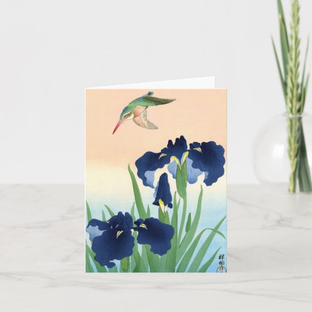 Carte De Remerciements Kingfisher au-dessus d'Irises par Ohara Koson (Devant)