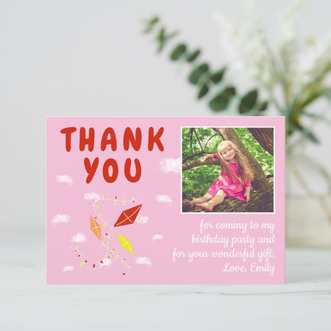 Carte De Remerciements Kites Clouds Rose Girl Photo Anniversaire (Debout devant)