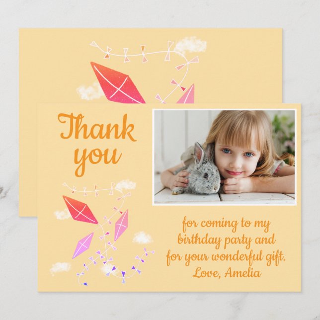 Carte De Remerciements Kites in Sky Girl Photo Anniversaire (Devant / Derrière)