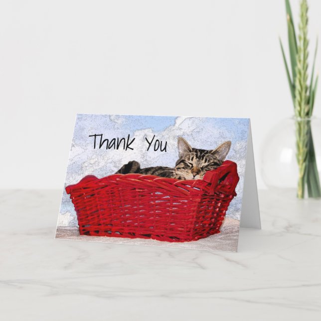 Carte De Remerciements Kitten gris cousu couché dans le panier rouge Phot (Devant)