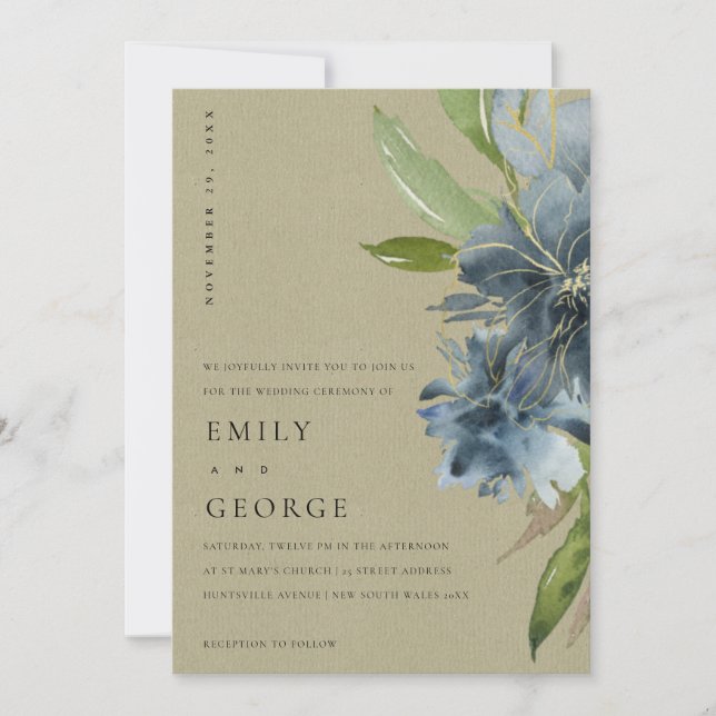 CARTE DE REMERCIEMENTS KRAFT BLUE GREEN OR FLORAL MARIAGE INVITER (Devant)