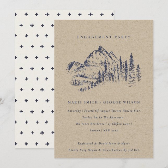 Carte De Remerciements Kraft Pine Woods Mountain Sketch Fiançailles Invit (Devant / Derrière)