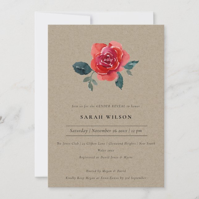 CARTE DE REMERCIEMENTS KRAFT RED GREEN ROSE FLORAL GENDER REVEAL INVITATI (Devant)