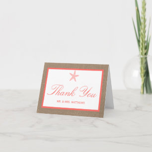 Carte De Remerciements La collection de mariages de Coral Starfish Burlap