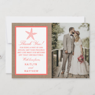 Carte De Remerciements La collection de mariages de Coral Starfish Burlap