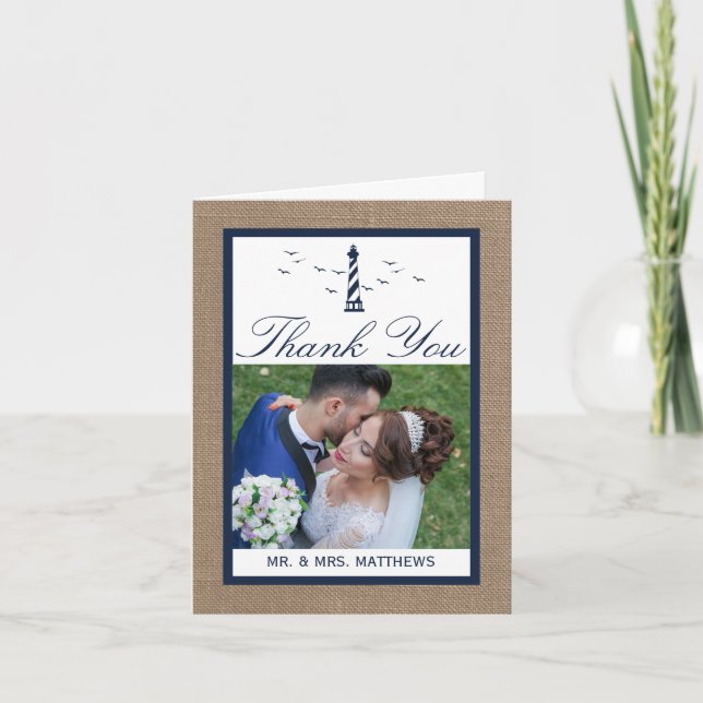 Carte De Remerciements La collection Mariage de Burlap du phare nautique (Devant)