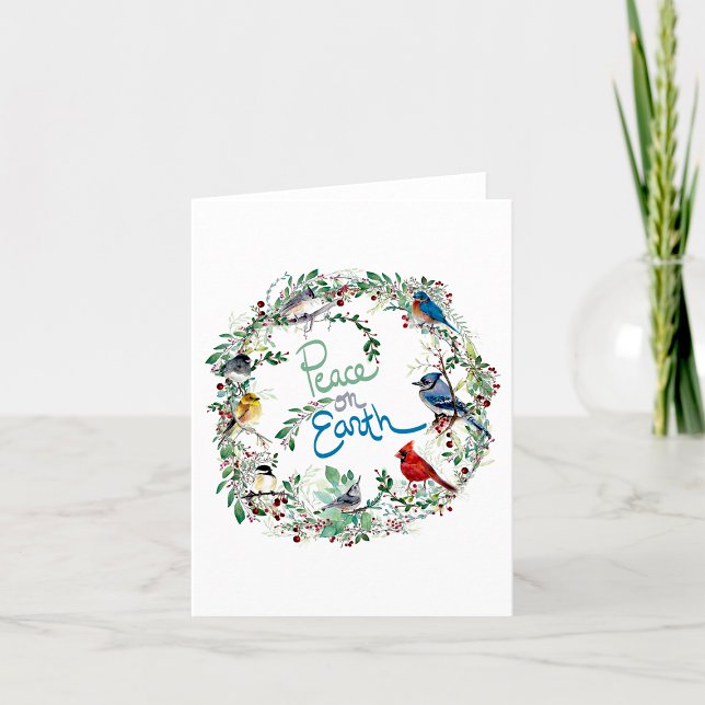 Carte De Remerciements La Paix Sur Terre Oiseaux Fêtes De Wreath Ou (Peace On Earth Bird Wreath Holiday Or Thank You Card by Jenn Steffen Art.)