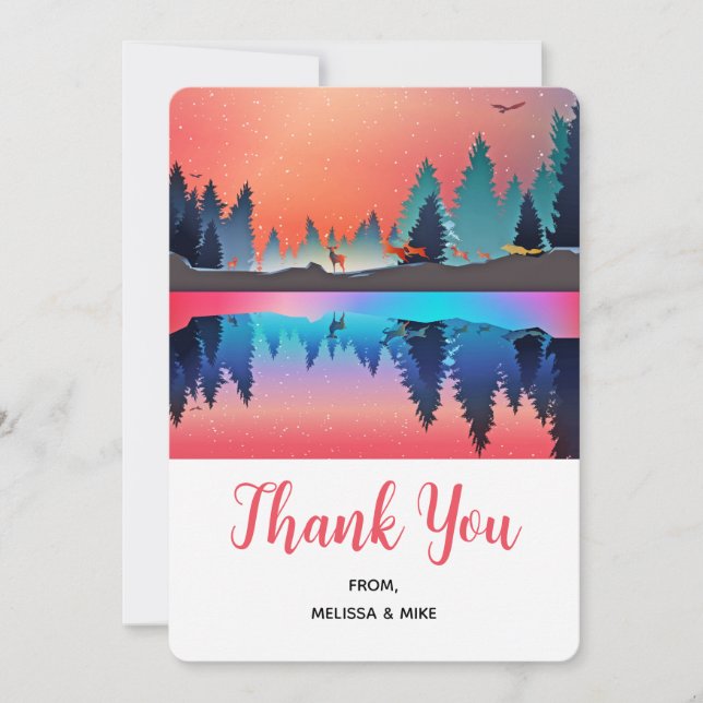 Carte De Remerciements Lac d'hiver pittoresque avec Noël aux cerfs (Devant)