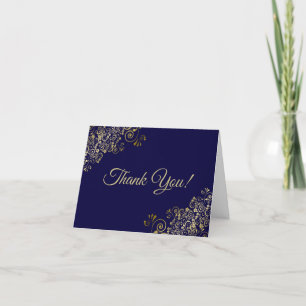 Carte De Remerciements Lacy Gold Frills Elegant Navy Blue Mariage Photo
