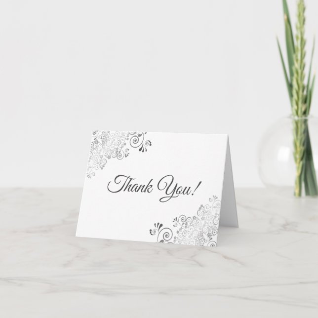 Carte De Remerciements Lacy Silver Frills Élégant Mariage blanc Photo (Devant)