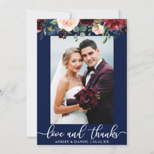 Carte De Remerciements L'amour de photo de mariage remercie floral bleu