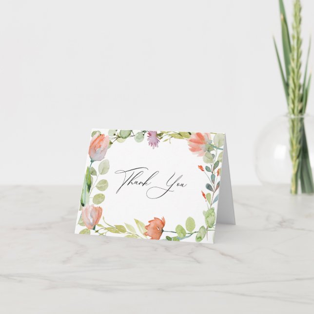 Carte De Remerciements Lancement de mariage floral aquarelle rose vert (Devant)