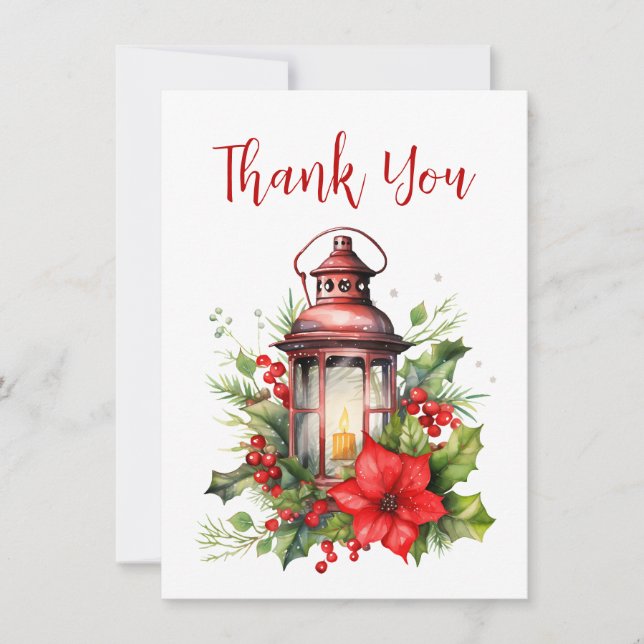 Carte De Remerciements Lanterne rouge de Noël Poinsettia et pin (Devant)